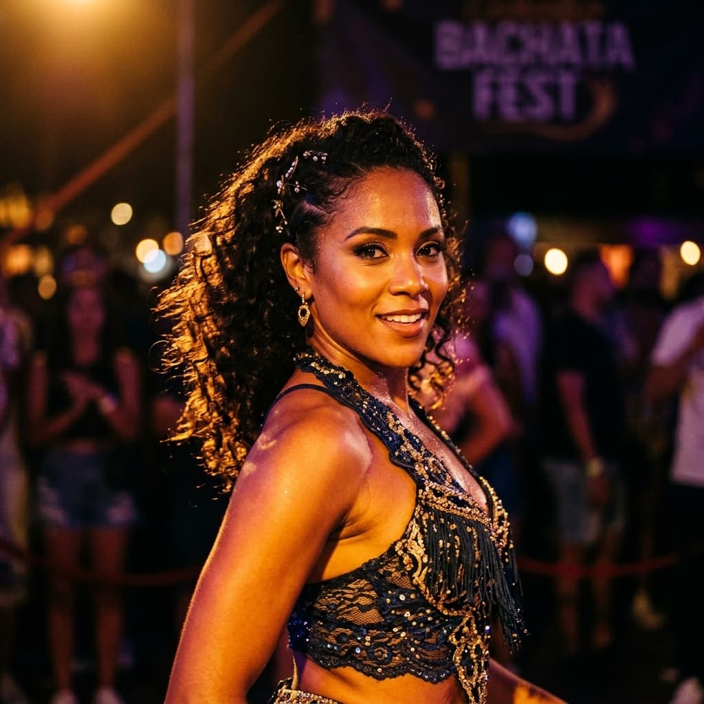 Festival attendees smiling on camera under cinematic production lighting