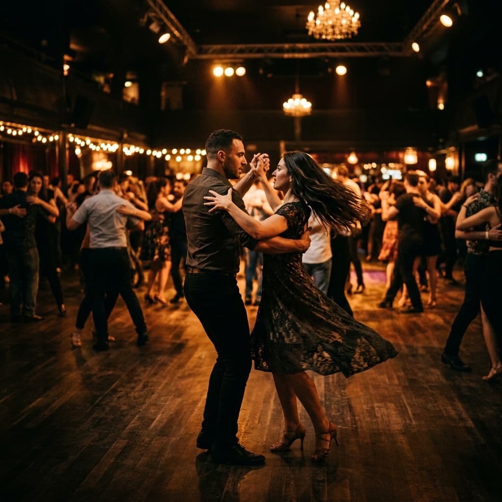 Dance couple performing on the festival floor during a bachata event