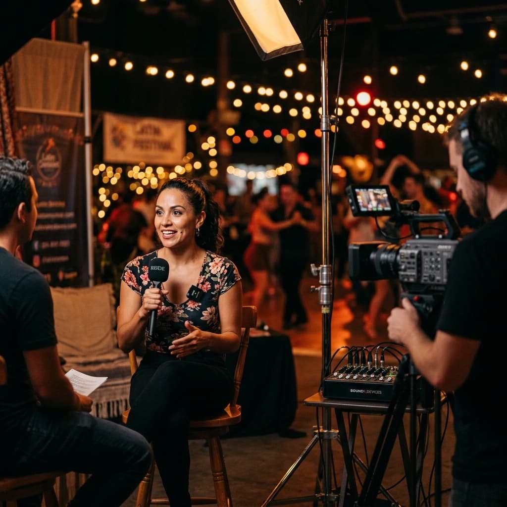 On-camera festival attendee speaking during a filmed interview segment
